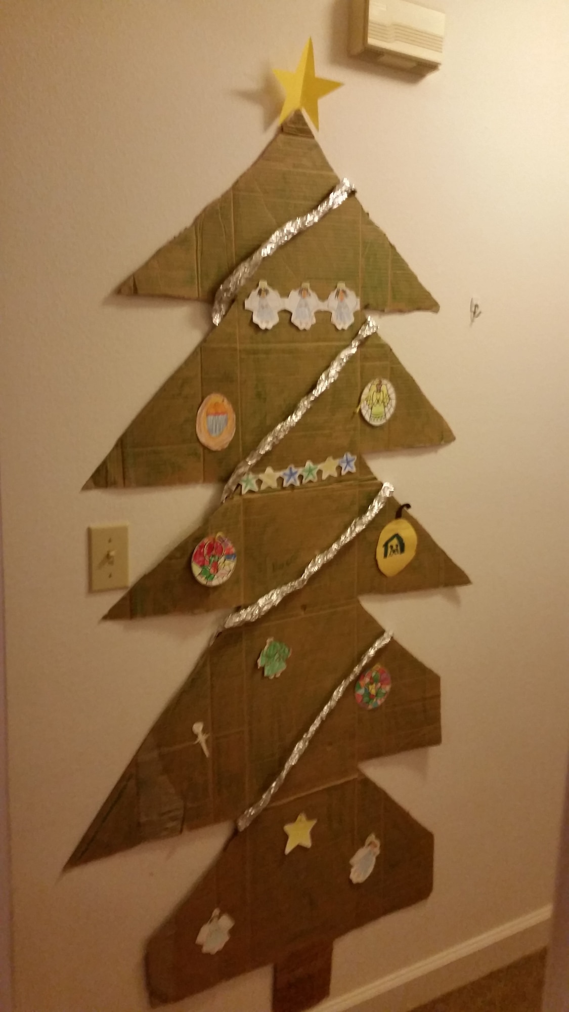 A photo of the cardboard Christmas tree created by the son of Senior Master Sgt. Eric V. Reynolds, superintendent at the Air Force Technical Applications Center, Patrick AFB, Fla.  (Courtesy photo)