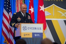 U.S. Lt. Gen. Darryl A. Williams, 60th Superintendent of the U.S. Military Academy, speaks at the International Conference on Cyber Conflict U.S., Nov. 14, 2018, at the Ronald Reagan Building and International Trade Center in Washington, District of Columbia. Williams opened the annual conference with stating that today, you can't talk about either readiness or modernization without addressing cyber and space. This year's theme was Cyber Conflict during Competition. During competition, U.S. and Allied forces actively campaign to advance and defend national interests in an environment that is short of armed conflict.