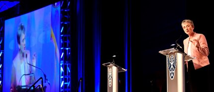 Secretary of the Air Force Heather Wilson delivers her the "Air Force We Need" address during the 2018 Air Force Association Air, Space and Cyber Conference in National Harbor, Maryland., Sept. 17, 2018.