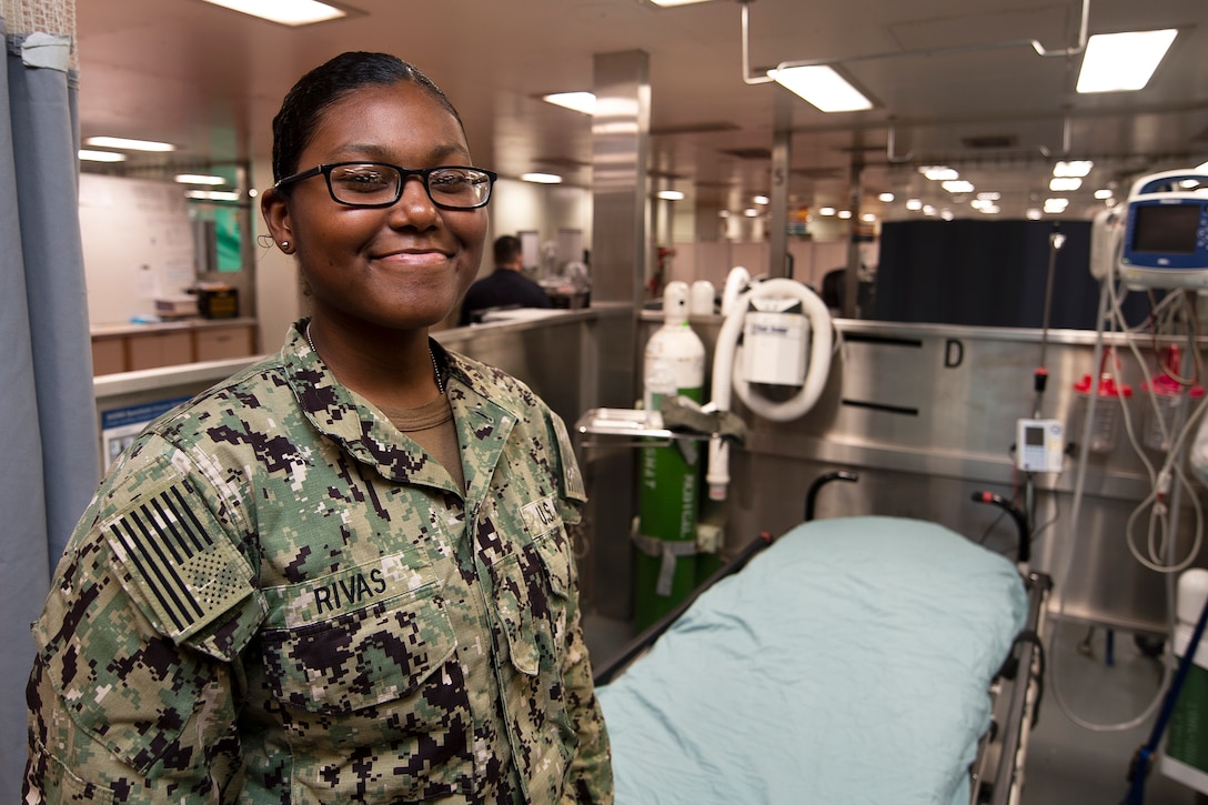 Hospitalman Michelle Tayas-Rivas, a Colombian-American aboard the hospital ship USNS Comfort in Colombia.