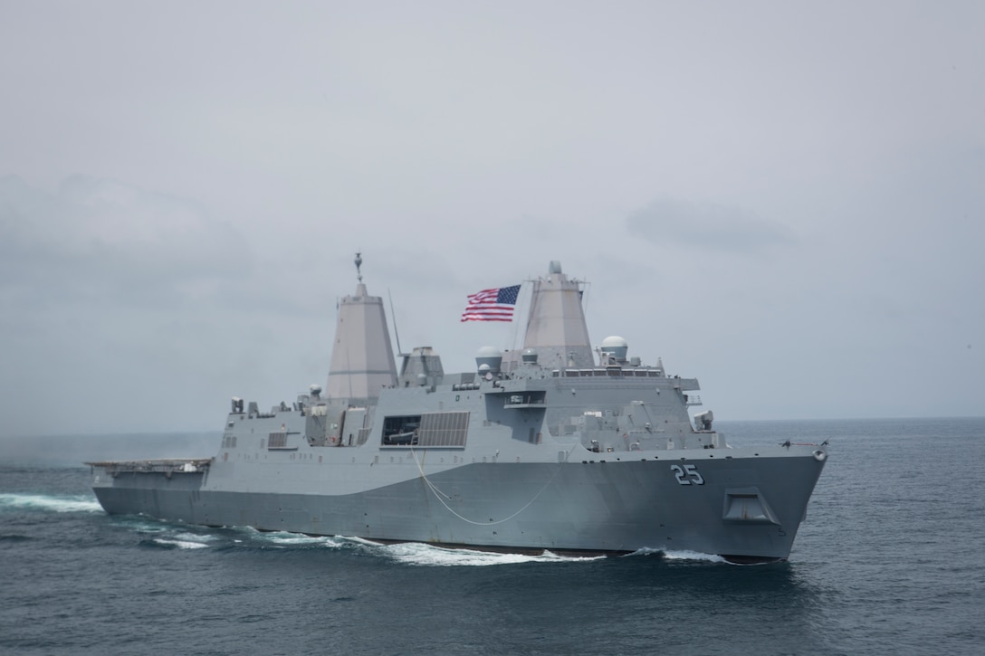 The U.S. Navy San Antonio-class amphibious transport dock ship USS Somerset (LPD 25) transports U.S. Marines and sailors with Special Purpose Marine Air-Ground Task Force - Peru during a humanitarian assistance and disaster relief exercise off of the coast of Chorrillos Beach near Lima, Peru.
