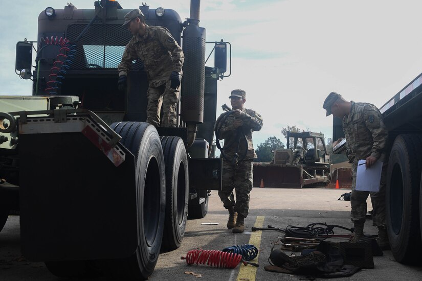U.S. Army Soldiers assigned to the 149th Seaport Operations Company, 10th Transportation Battalion, 7th Trans. Brigade (Expeditionary), conduct equipment checks at Joint Base Langley-Eustis, Virginia, Nov. 19, 2018. The 149th SOC is one of two units in the Army to maintain water vessels along with wheeled vehicles. (U.S. Air Force photo by Senior Airman Derek Seifert)