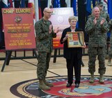 U.S. Marines assigned to U.S. Marine Corps Forces Command and distinguished guests join Deborah Hager during a ceremony where Camp Allen was rededicated as Camp Elmore in honor of Pfc. George W. Elmore, Nov. 27, 2018, at Camp Elmore, Norfolk, Virginia. Hager accepted the honor on behalf of her uncle, Elmore, who gallantly gave his life during combat operations in Hoeng Son, Korea, Feb 26, 1951. (Official U.S. Marine Corps photo by Chris Jones/Released)