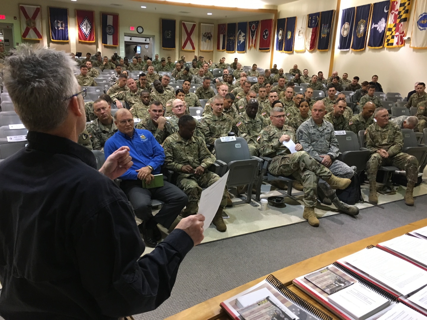 The DoD Defense CBRN Response Force (DCRF) Mission Year 2019 Mobile Training Team was conducted Nov. 27 through 29, 2018, at Fort Hood, Texas. Randy Hall, JTF-CS, explains training objectives to 150 participants. The training focused on achieving unity of effort under the National Response Framework when conducting Defense Support of Civil Authorities response operations. (DoD photo by Air Force Lt. Col. Karen Roganov, director of JTF-CS Public Affairs/ released)