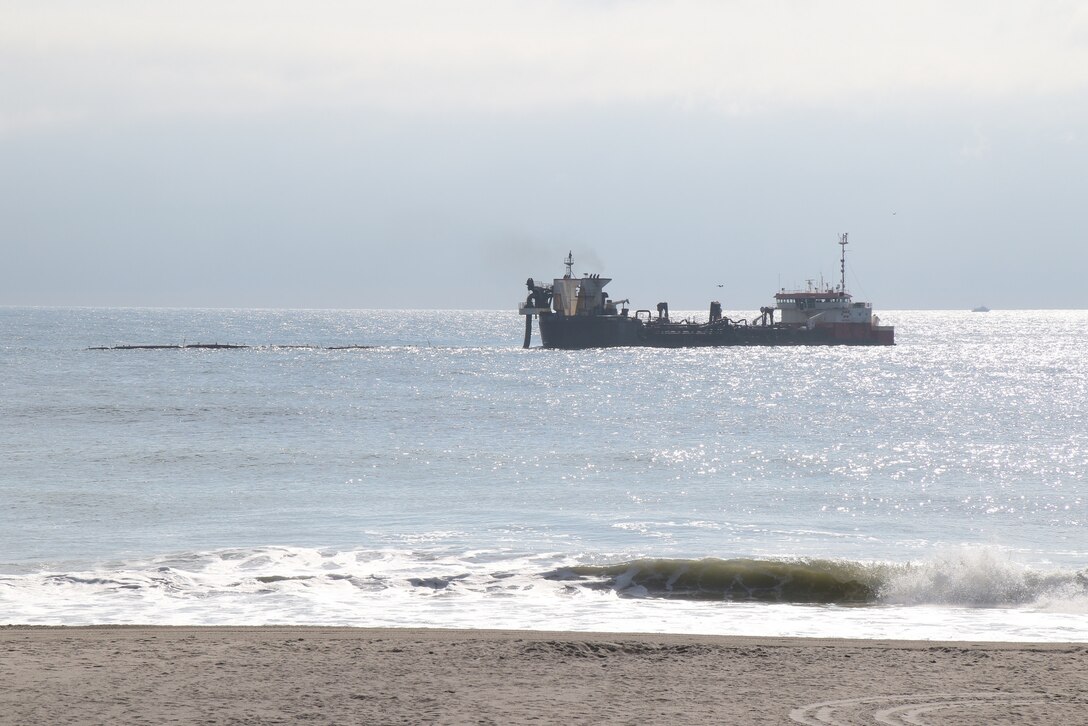 The Dredge RN Weeks, owned and operated by Weeks Marine, conducts dredging and beachfill operations as part of the Manasquan Inlet to Barnegat Inlet Coastal Storm Risk Management project. The U.S. Army Corps of Engineers Philadelphia District is managing the project in partnership with New Jersey Department of Environmental Protection and contractor Weeks Marine. The project, once fully completed, will cover approximately 14 miles of coastline along the Barnegat Peninsula and will reduce the risk of storm damages for the communities of Point Pleasant Beach, Bay Head, Mantoloking, Brick Township, Toms River Township, Lavallette, Seaside Heights, Seaside Park, and Berkeley Township. More than 11 million cubic yards of sand will be dredged from approved borrow areas and pumped through a series of pipes onto the beaches of the municipalities.