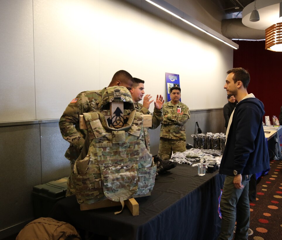 U.S. Army Reserve Soldiers of the 364th Sustainment Command (Expeditionary) shared their military experience with members of the Amazon civilian workforce at a veterans appreciation event hosted by the Amazon Warriors Affinity Group in Seattle, Washington.