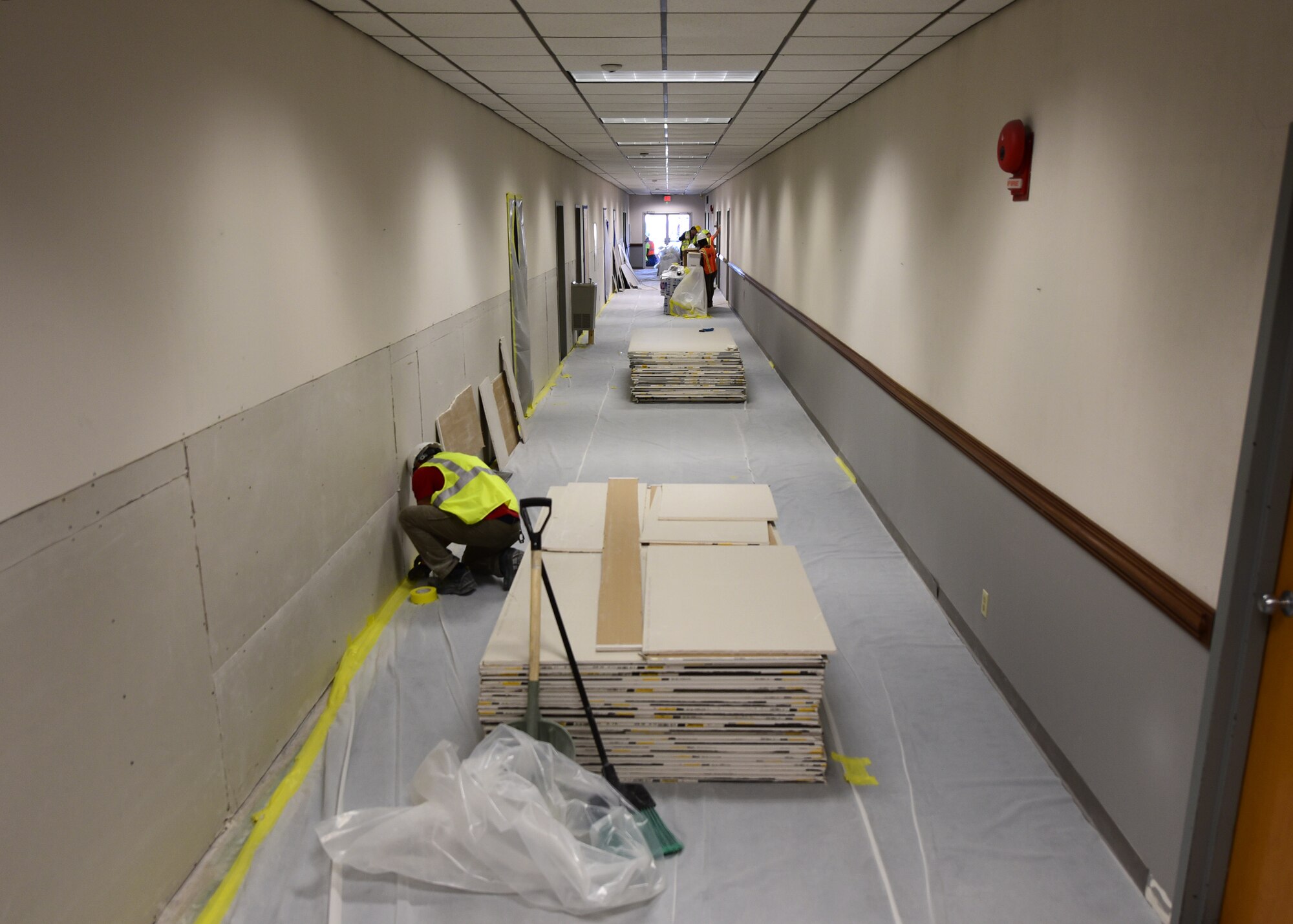 Contractors reconstruct walls previously examined for moisture at Tyndall Air Force Base, Fla., Nov. 27, 2018. Large-scale clean up and reconstruction is underway at Tyndall and involves both military and civilian personnel. (U.S. Air Force photo by Senior Airman Isaiah J. Soliz)