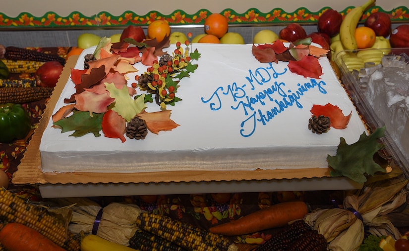 A cake sits on a table during the Thanksgiving dinner on Joint Base McGuire-Dix-Lakehurst, New Jersey, Nov. 22, 2018. The dining facility baked a cake for a dinner that was organized to give military members who were unable to go home a proper Thanksgiving dinner. (U.S. Air Force photo by Airman 1st Class Ariel Owings)