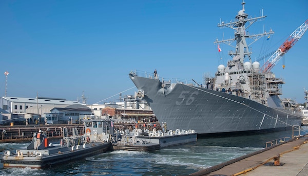 YOKOSUKA, Japan (Nov. 27, 2018) The Arleigh Burke-class guided missile destroyer USS John S. McCain (DDG 56) prepares to depart from a dry dock at Fleet Activities Yokosuka. McCain is departing the dock after an extensive maintenance period in order to sustain the ship's ability to serve as a forward-deployed asset in the U.S. 7th Fleet area of operations.