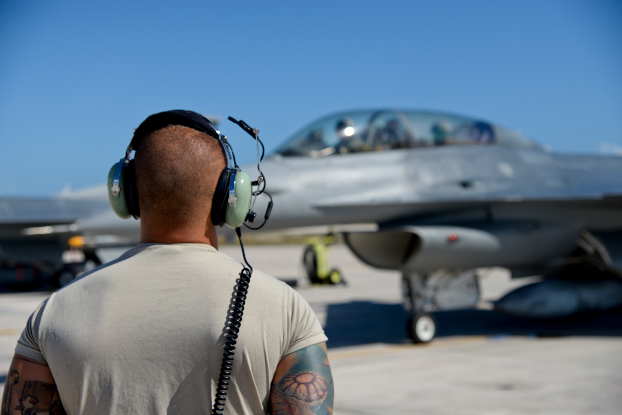 A picture of U.S. Air Force Tech. Sgt. Anthony Falcone, crew chief with the 177th Fighter Wing, looking at an F-16D Fighting Falcon.