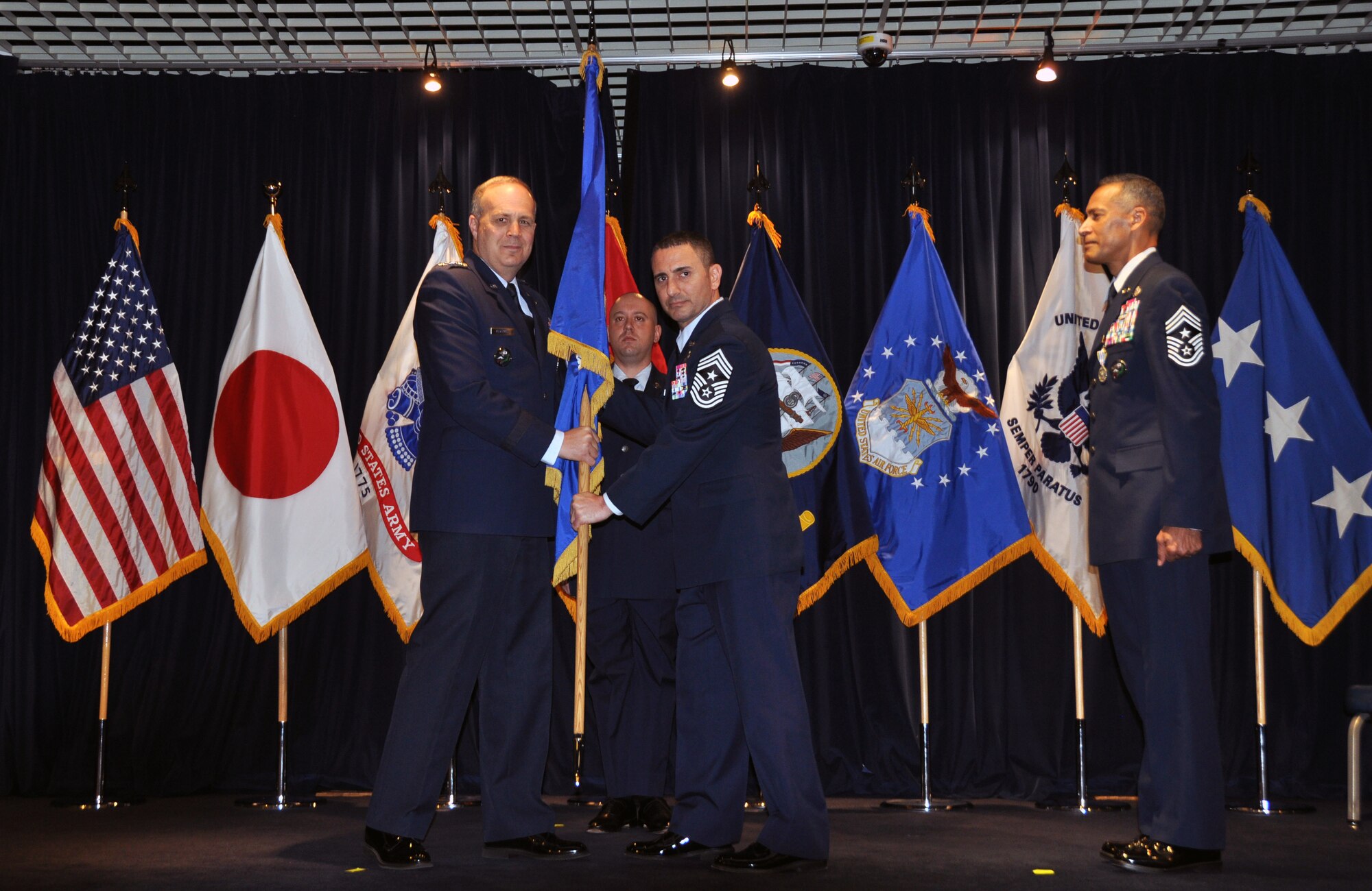 Chief Master Sgt. Terrence Greene, who served dual-hatted as the USFJ Senior Enlisted Leader and 5th Air Force Command Chief, relinquished his responsibilities to Chief Master Sgt. Richard Winegardner Jr., who will serve as the USFJ SEL, and Chief Master Sgt. Brian Kruzelnick, who will serve as the 5th AF Command Chief.