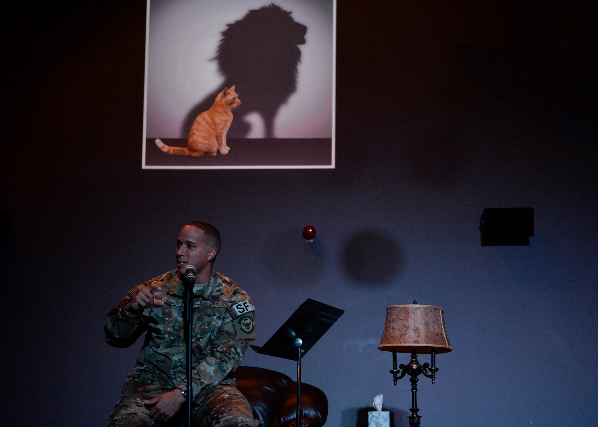 U.S. Air Force Tech Sgt. Reuben McClendon 86th Security Forces Squadron assistant noncommissioned officer in charge of training, shares his resilience story at a Storytellers event on Ramstein Air Base, Germany, Nov. 16, 2018. McClendon discussed how he recovered professionally and personally after being demoted. (U.S. Air Force photo by Staff Sgt. Nesha Humes Stanton)