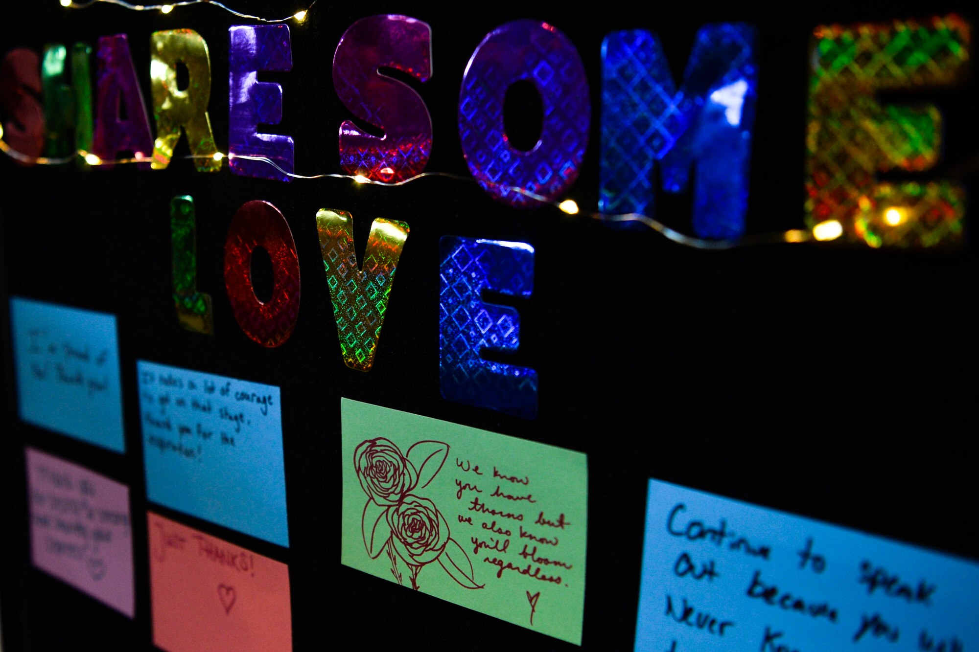 A “Show Some Love” display board is showcased at the entrance of a Storytellers event on Ramstein Air Base, Germany, Nov. 16, 2018. Storytellers is a resilience event which started at Incirlik Air Base, Turkey, in 2012 to support, aid, and promote understanding for Airmen enduring distressing events. (U.S. Air Force photo by Staff Sgt. Nesha Humes Stanton)
