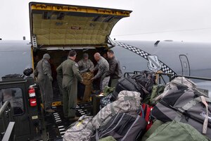 Citizen-Airmen of the Michigan Air National Guard disembark from a KC-135 Stratotanker at Selfridge Air National Guard Base, Mich., Nov. 9, 2018