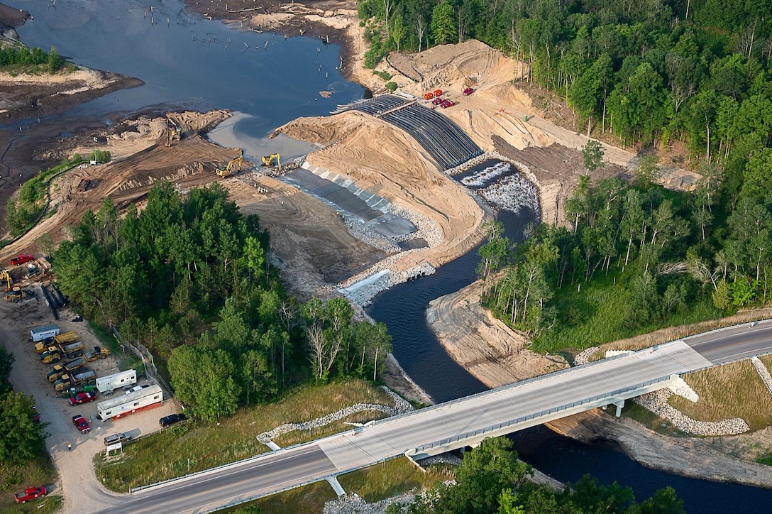 Siphoning operations were conducted as part of the Boardman River Dams Ecosystem Restoration Project in Traverse City, Michigan during summer 2017, allowing the river to flow through the siphons while the new river channel is dug out.