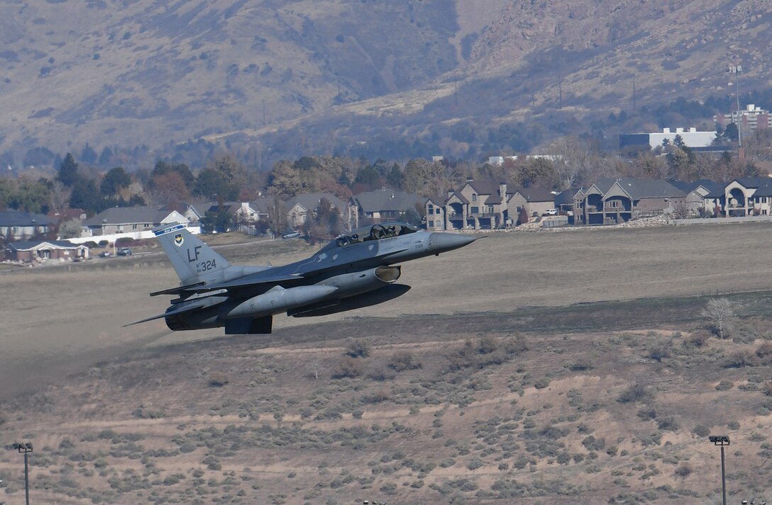 An F-16D Fighting Falcon from the 309th Fighter Squadron, takes off from Hill Air Force Base, Utah, as part of an F-35 Lightning II combat power exercise, Nov. 19, 2018.
