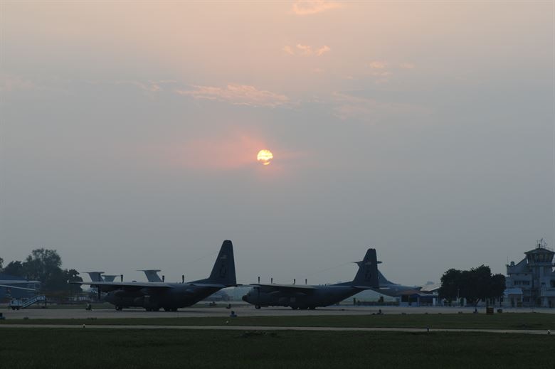 Two U.S. Air Force C-130 Hercules from the 36th Airlift Squadron, from Yokota Air Base, Japan, sits on the flightline at Air Force Station Agra, India, during exercise COPE INDIA Oct. 19-24, 2009.