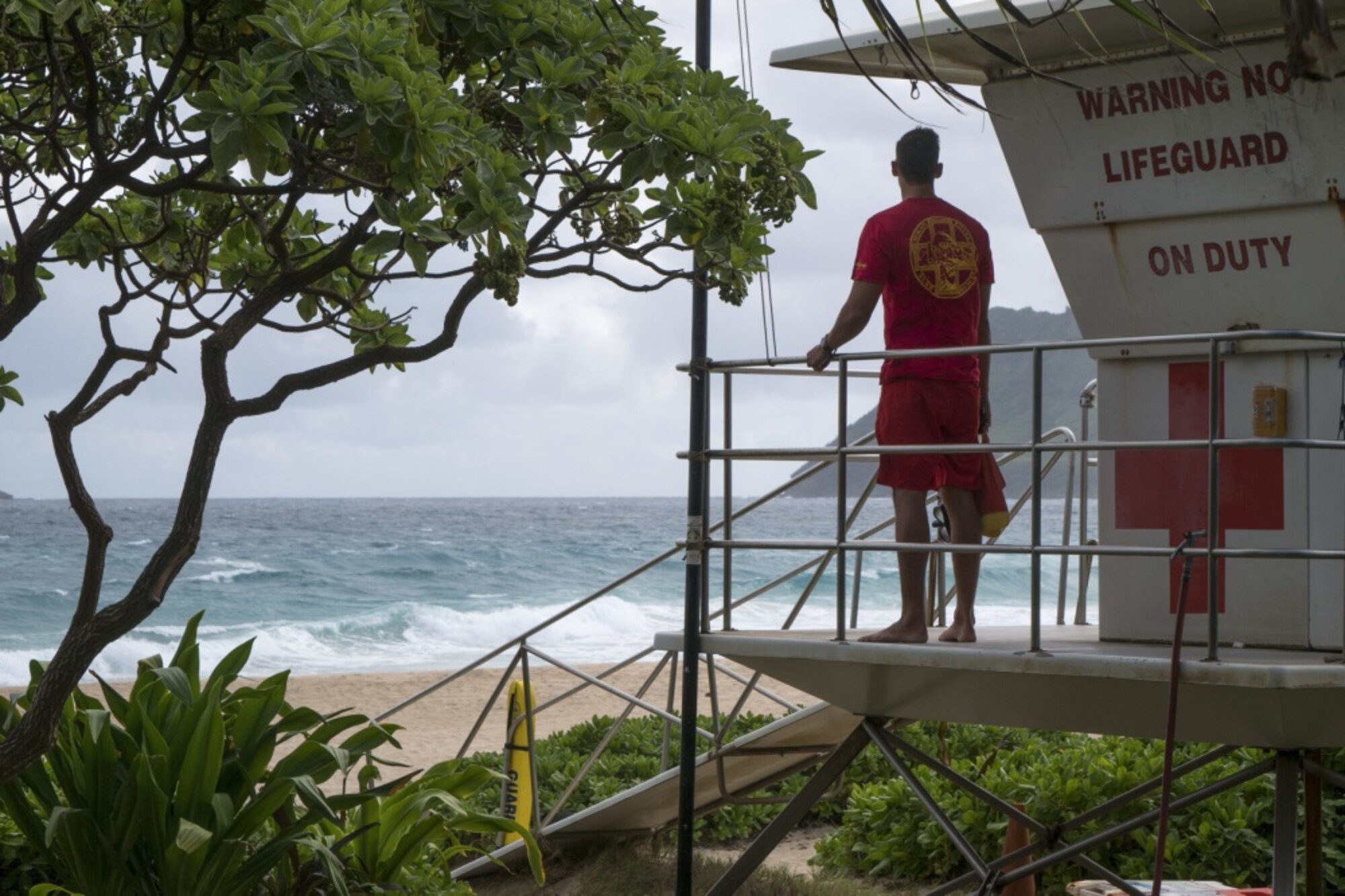 Senior Airman Casey Whitworth, a full-time lifeguard and triage response team member of the Hawaii Air National Guard, monitors Pyramid Beach November 20, at Marine Corpse Base Hawaii.