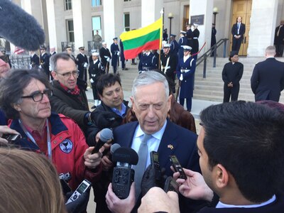 Defense Secretary James N. Mattis discusses Russia’s seizure of three Ukrainian ships at the mouth of the Sea of Azov while speaking with reporters at the Pentagon.