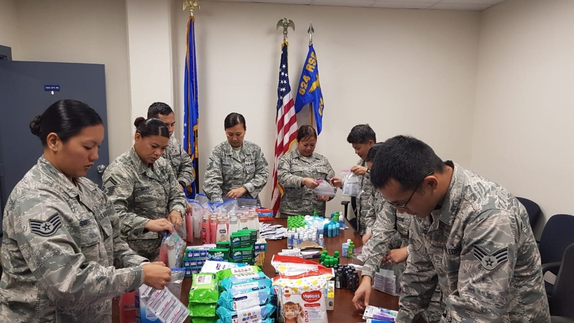 U.S. Air Force Reserve Airmen from the 624th Aerospace Medicine Flight in Guam build hygiene kits Nov. 5, 2018, for Commonwealth Health Center nursing staff in Saipan to help raise morale in the aftermath of Super Typhoon Yutu.