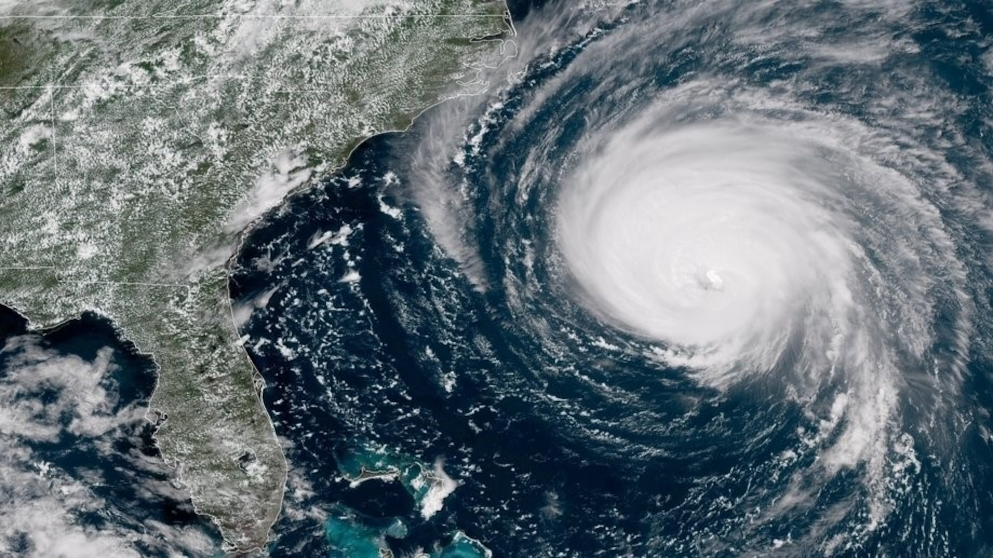 Hurricane Florence brought tropical storm conditions to North Carolina and South Carolina on Sept. 14, 2018.  This satellite image was captured by a National Oceanic and Atmospheric Association satellite on Sept. 12, 2018.