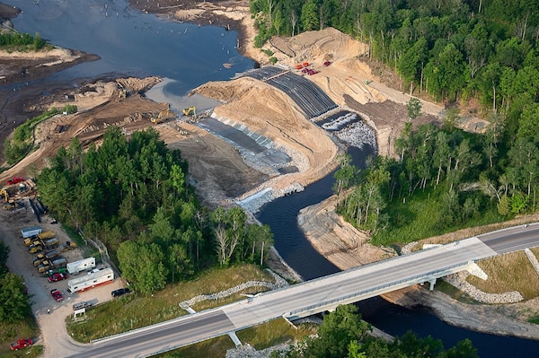 Siphoning operations were conducted as part of the Boardman River Dams Ecosystem Restoration Project in Traverse City, Michigan during summer 2017, allowing the river to flow through the siphons while the new river channel is dug out.