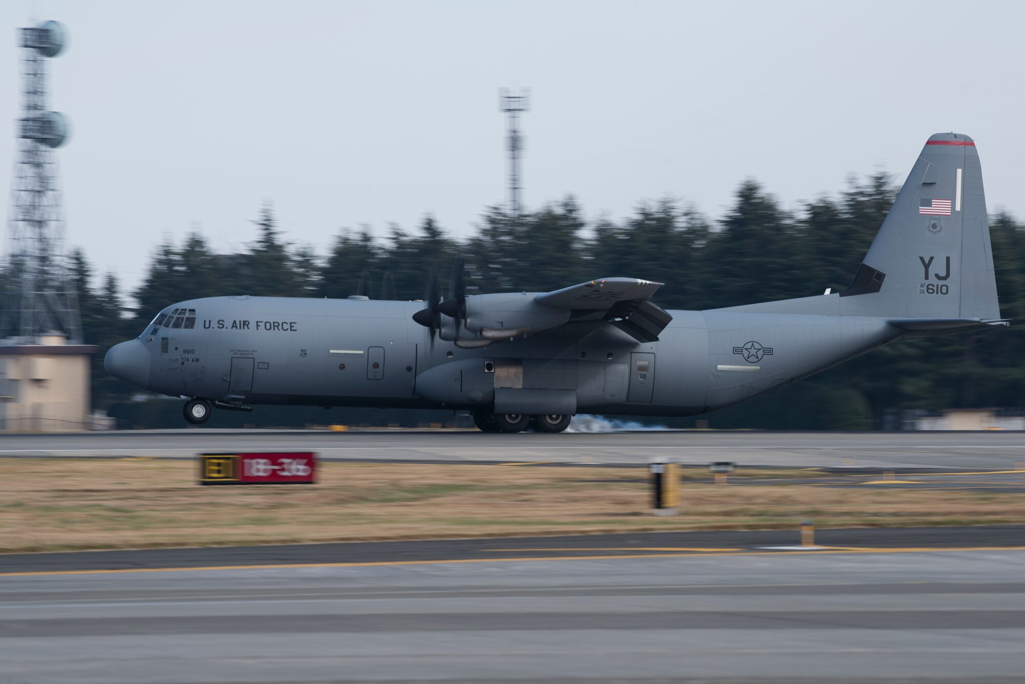 A C-130J Super Hercules aircraft with the 36th Airlift Squadron lands on the flight line during the 374th Airlift Wing Samurai Surge at Yokota Air Base, Japan, Nov. 29, 2018.