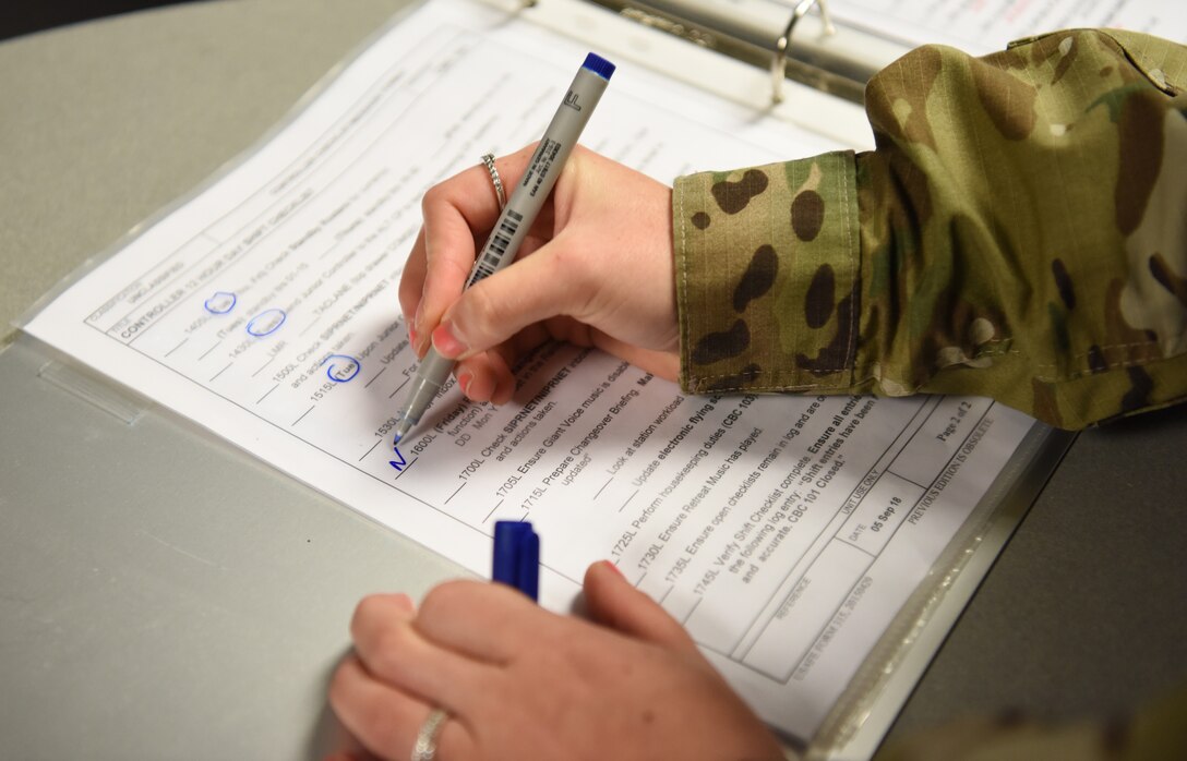 A daily shift checklist is displayed in the command post at RAF Mildenhall, England, Nov. 27, 2018. Command post Airmen follow checklists throughout the day to ensure proper steps are being taken so the installation and its members are secure. (U.S. Air Force photo by Airman 1st Class Brandon Esau)