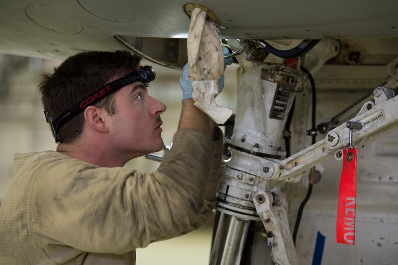 An F-16 has a mandatory 72-month landing gear inspection to make sure the gear is running properly with no complications.