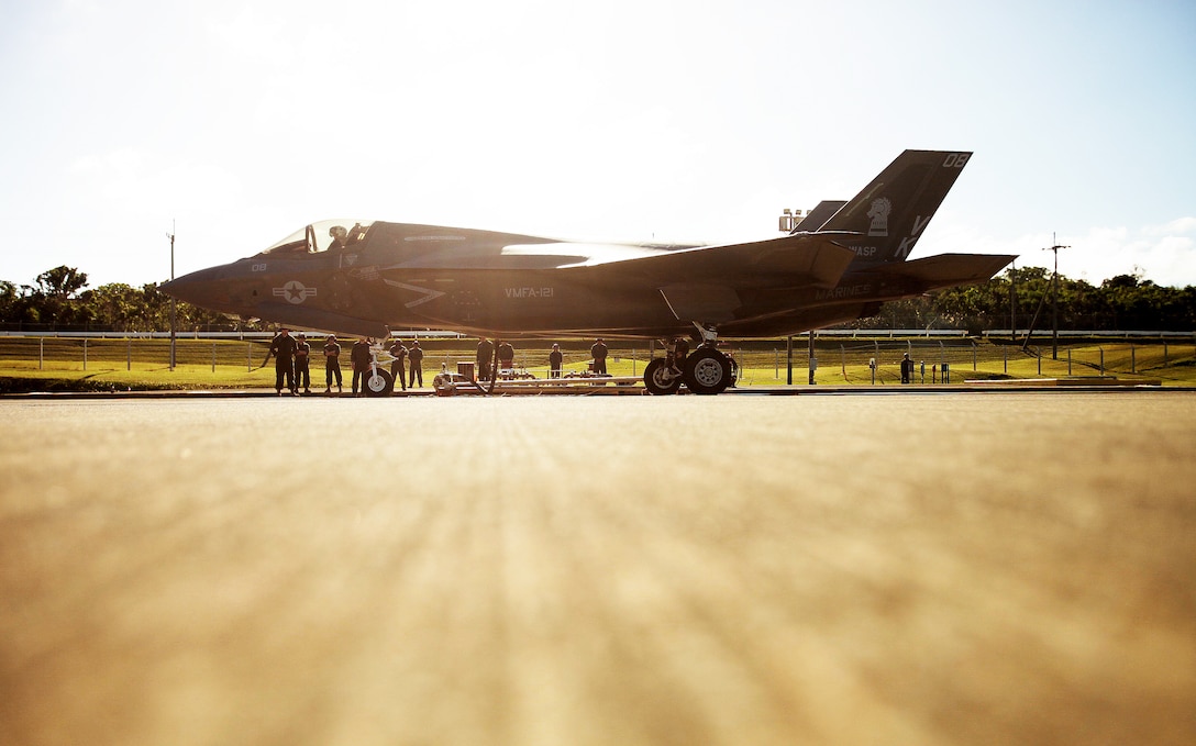 An F-35B Lightning II jet refuels at Marine Corps Air Station Futenma, Okinawa, Japan, Nov. 27, 2018.  The F-35B landed, refueled and took off for the first time at MCAS Futenma. The F-35B belongs to Marine Fighter Attack Squadron 121, Marine Aircraft Group 12, 1st Marine Aircraft Wing. An F-35B landing at MCAS Futenma demonstrates the air warfighting capability, operational flexibility and tactical supremacy that this platform brings to the Indo-Pacific region, our allies and our partners.