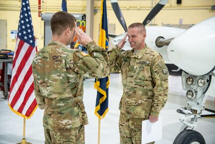 U.S. Army Chief Warrant Officer 5 Jeffrey Lohr, a C-12 master aviator and certified flight instructor assigned to Detachment 28 Operational Support Airlift Command, West Virginia Air National Guard in Williamstown, W.Va.,  during his promotion ceremony held Nov. 16, 2018, at the West Virginia National Guard Armory in Williamstown, W.Va.