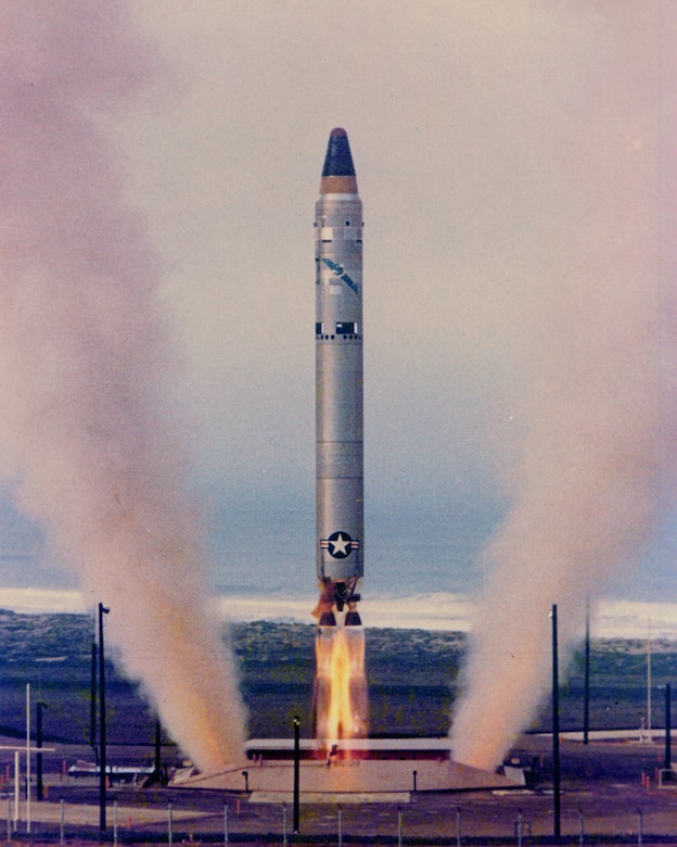 A Titan II missile test launches from the silo.