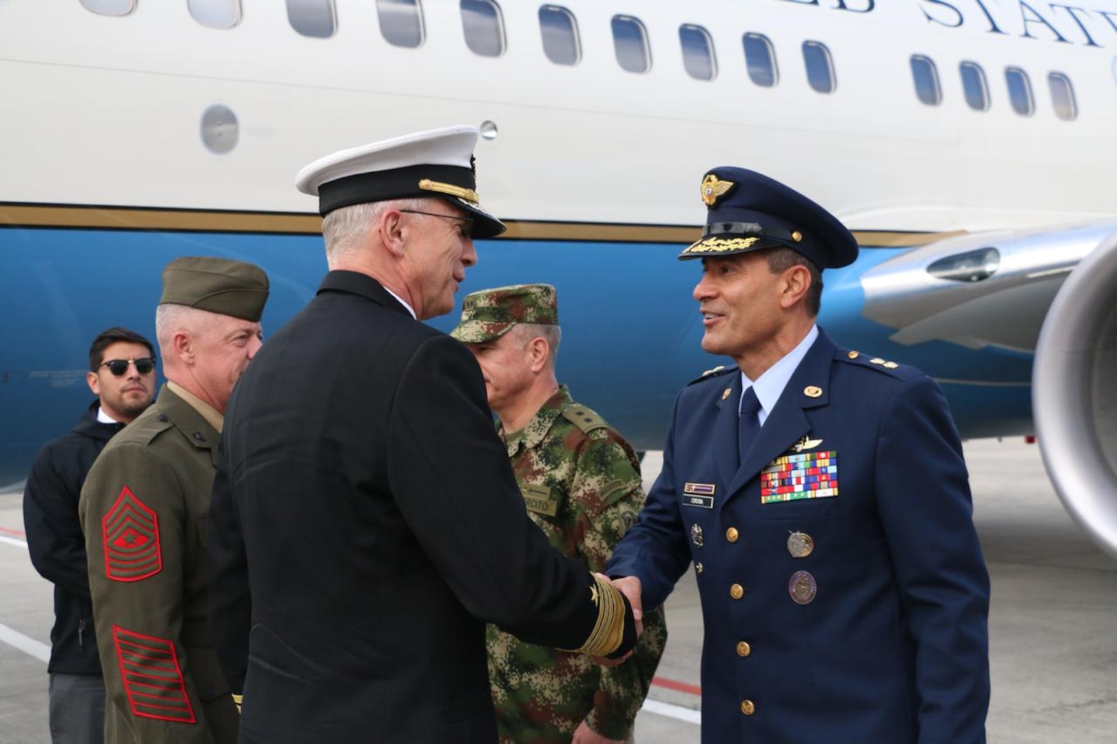 Navy Adm. Craig S. Faller, commander of U.S. Southern Command, arrives in Colombia for his first official trip.