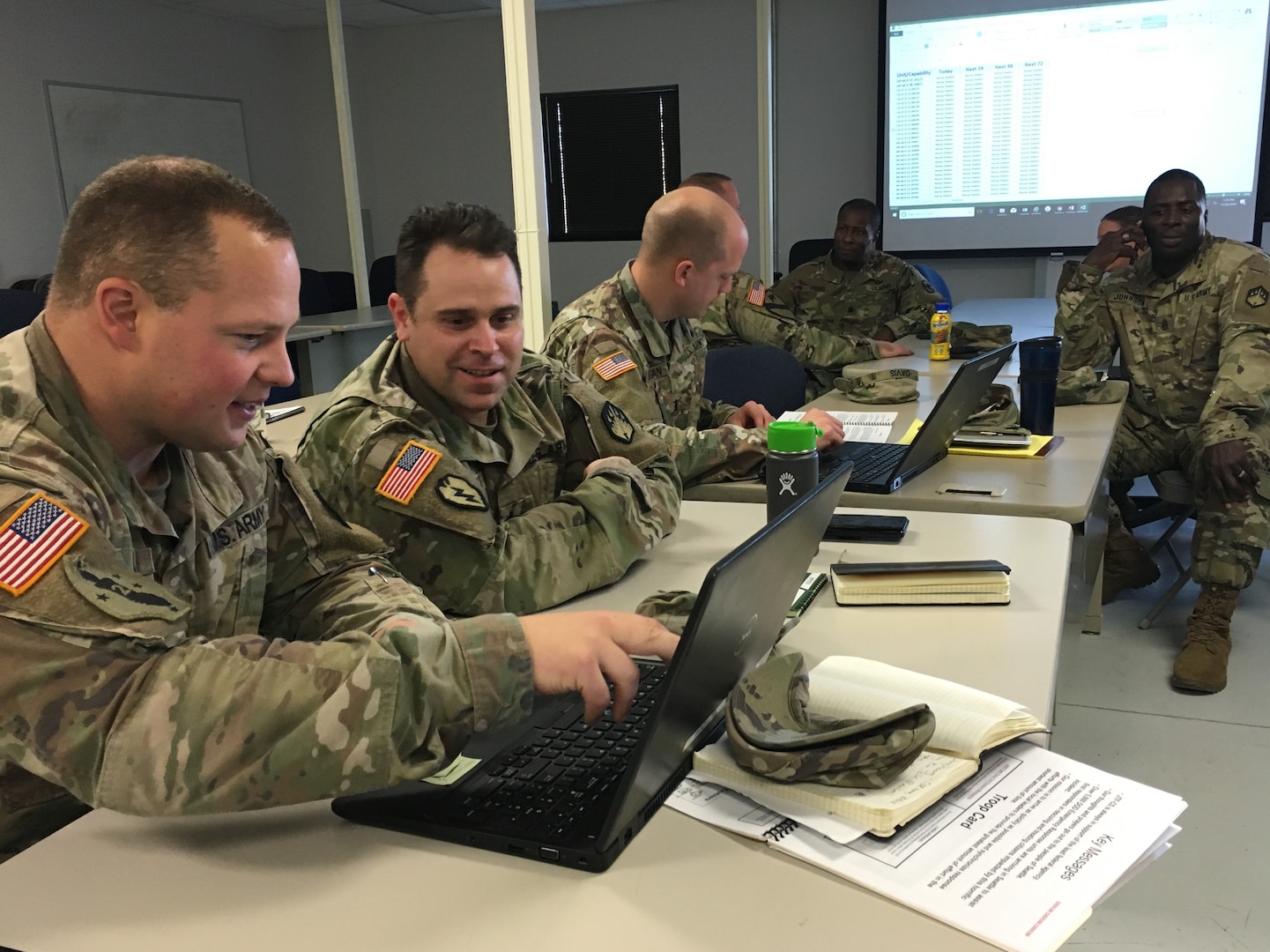 Members of the 110th Chemical Battalion that comprises Task Force 110 met during a small-group break-out for DoD Defense CBRN Response Force (DCRF) training at Fort Hood, Texas, Nov. 29, 2018. The 110th is based at Joint-Base Lewis-McCord, Wash. A JTF-CS Mobile Training Team (MTT) covered a variety of topics in logistics, legal, medical, personnel movement, collaborative tools, media engagement and the 2-year plan for the DCRF. (DoD photo by Air Force Lt. Col. Karen Roganov, director of JTF-CS Public Affairs/ released)