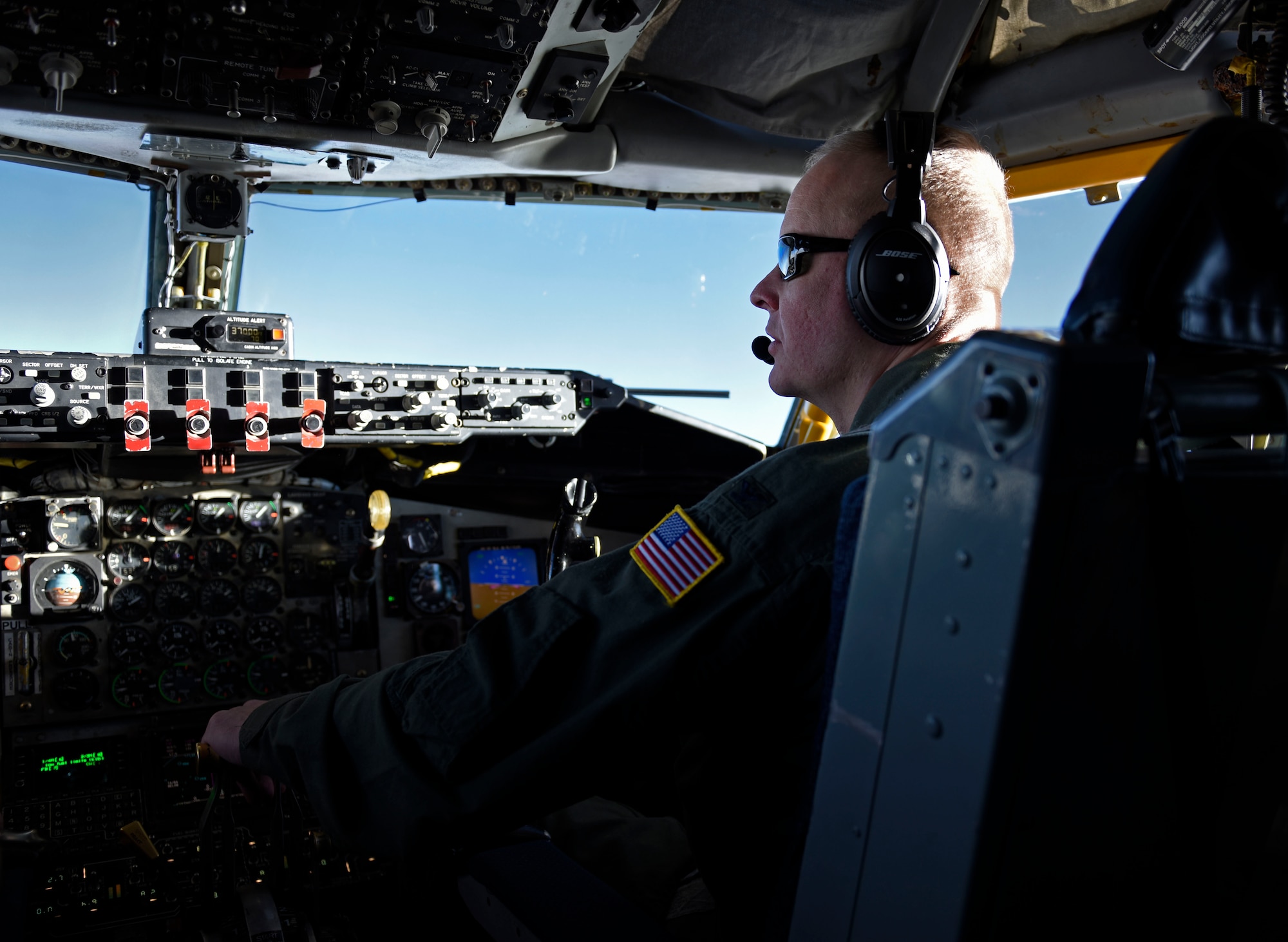 Col. Derek Salmi, 92nd Air Refueling Wing commander, pilots a KC-135 Stratotanker in-route to Tinker Air Force Base, Oklahoma, Nov. 18, 2018. Tinker AFB is made up of 5,500 acres with 460 buildings hosting operational missions for the Air Force, Navy as well as several Department of Defense agencies. (U.S. Air Force photo by Airman 1st Class Jesenia Landaverde)
