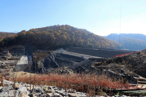 U.S. Army Corps of Engineers Nashville District is about to enter the last phase of construction of the roller compacted concrete berm at the Center Hill Auxiliary Dam in Lancaster, Tenn. Thalle Construction Company contractors work to grout between the mud mats and bed rock at the construction site in Silver Point, Tenn., Nov. 21, 2018.  (USACE photo by Ashley Webster)