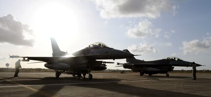 Two F-16 Fighting Falcons from the 149th Fighter Wing, Air National Guard, line the apron at Natal Air Force Base in Natal, Brazil, Nov. 16, 2018. Members of the 149th FW took part in CRUZEX 2018, a multi-national combat air exercise, held Nov. 18-30.
