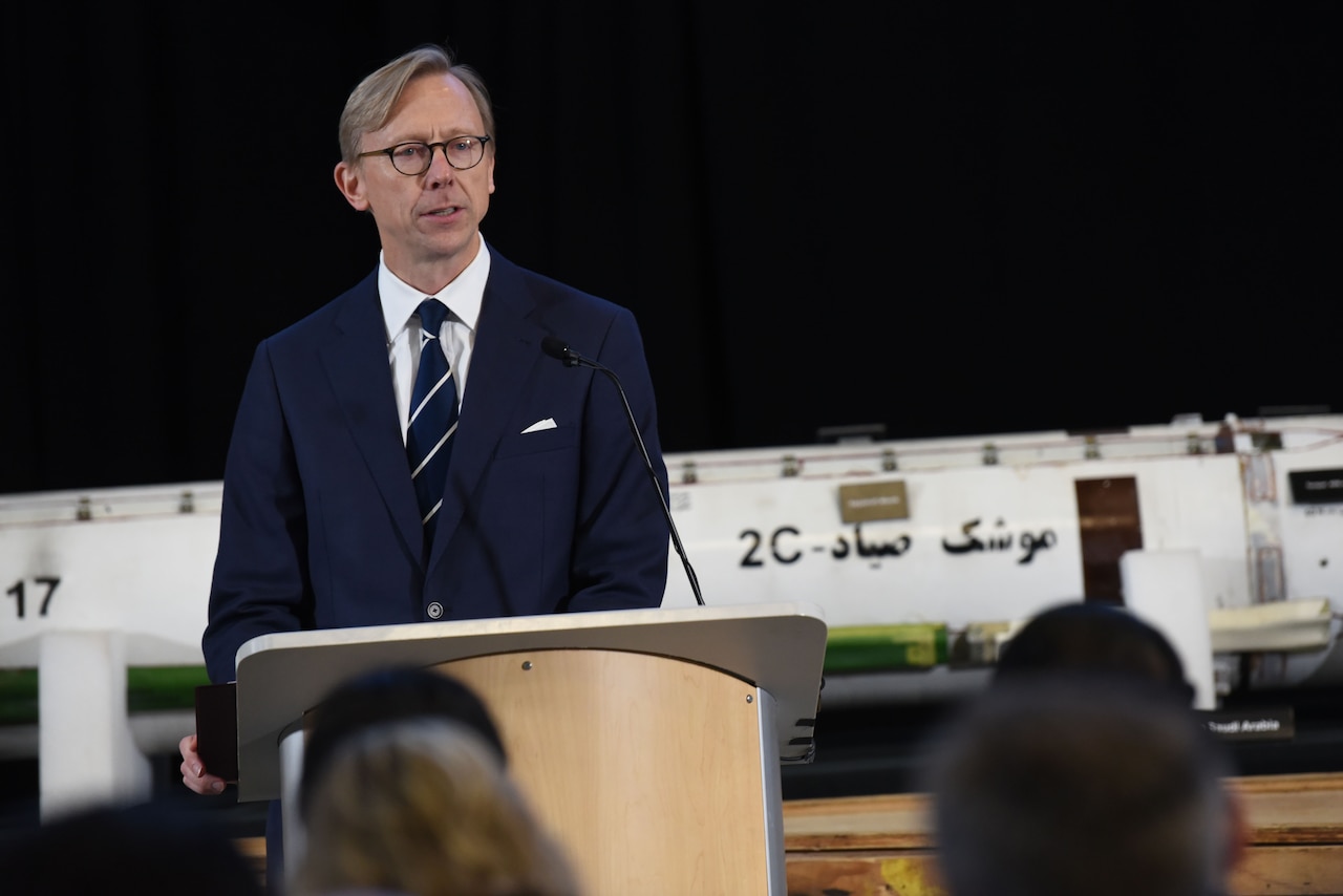 Brian Hook, special representative for Iran and senior policy advisor to the secretary of state, speaks about Iranian export of weapons and destabilizing influence in the region during a news conference at Joint-Base Anacostia-Bolling in Washington, D.C.
