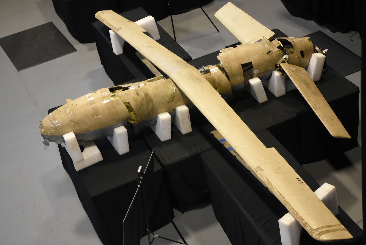 Remains of a Shaheh-123 unmanned aerial vehicle are part of a display at Joint Base Anacostia-Bolling in Washington, D.C.