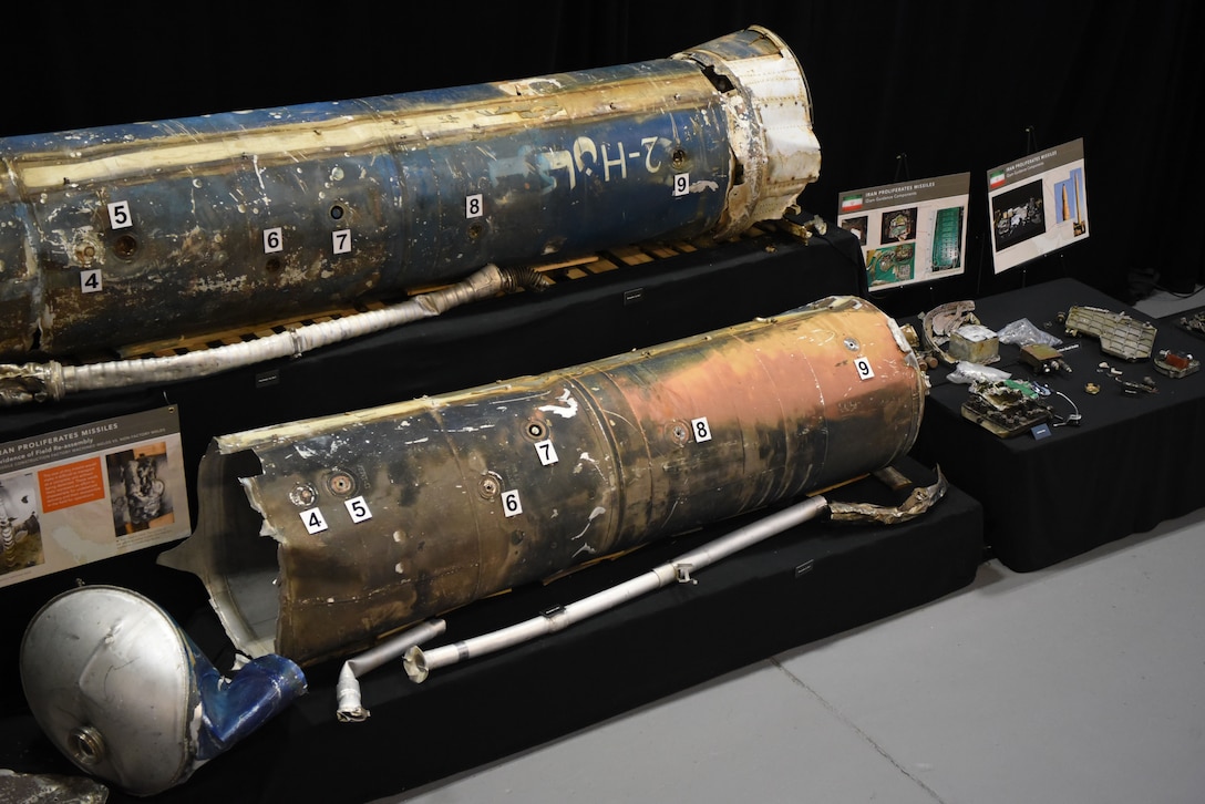 Remains of Iranian Qjam ballistic missiles and guidance components are part of a display at Joint Base Anacostia-Bolling in Washington, D.C.