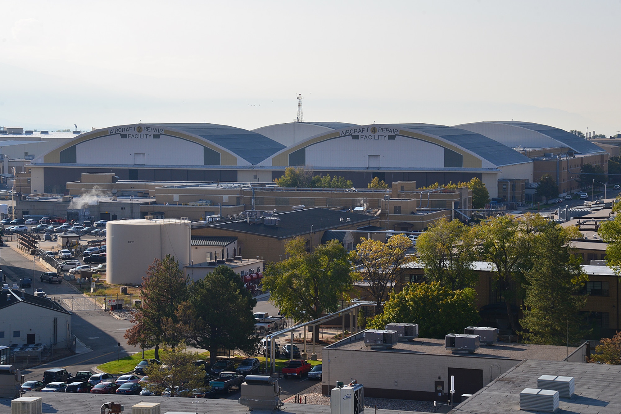 Hangar 225 dominates the landscape Oct. 12, 2018, at Hill Air Force Base, Utah. The 76-year-old structure was built during World War II and is scheduled to undergo an estimated $40 million, six-year renovation project that will repair and replace a deteriorating roof on the nearly 13-acre building. The 309th Aircraft Maintenance Group currently uses the hangar for upgrade, maintenance and repair work on multiple aircraft. (U.S. Air Force photo by Alex R. Lloyd)