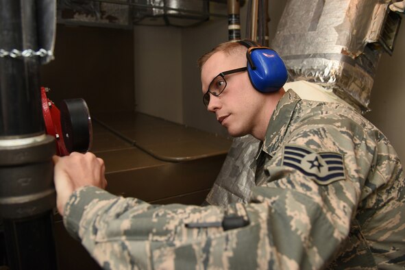 Staff Sgt. Anthony Eberhardt, 12th Missile Squadron facility manager, checks the pressure in the fire suppression system on November 19, 2018, at a missile alert facility at Malmstrom Air Force Base, Mont. The fire suppression system is one of the many critical parts intercontinental ballistic missile facility managers manage, operate and troubleshoot daily. (U.S. Air Force photo by Tech. Sgt Mark Bell)