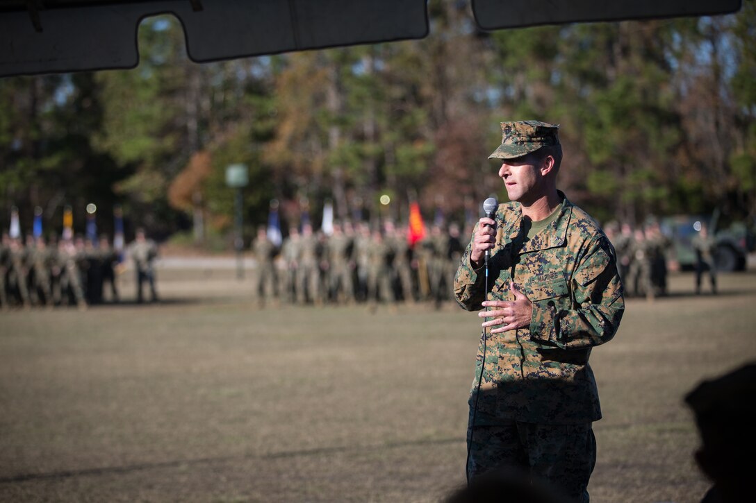 U.S. Marine Corps Brig. Gen. Kevin Stewart, commanding general of 2nd Marine Logistics Group, addresses the audience during a re-designation ceremony at Camp Lejeune, North Carolina, Nov. 29, 2018. The unit’s designation was changed from Headquarters Regiment to CLR-27 to focus on warfighting, deployability, and the integration of capabilities required to execute the Marine Corps mission. (U.S. Marine Corps photo by Sgt. Bethanie C. Sahms)