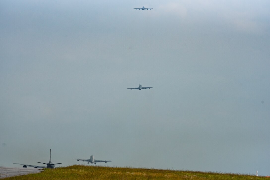 A four-ship of KC-135 Stratotankers from the 909th Air Refueling Squadron depart Kadena Air Base, Japan, Nov. 2, 2018, during exercise Steel Tiger. The aircrew used one runway to conduct minimum interval take-offs between departures. The 909th ARS is the first KC-135 unit in the Pacific Air Forces to train on this procedure. (U.S. Air Force photo by Staff Sgt. Micaiah Anthony)