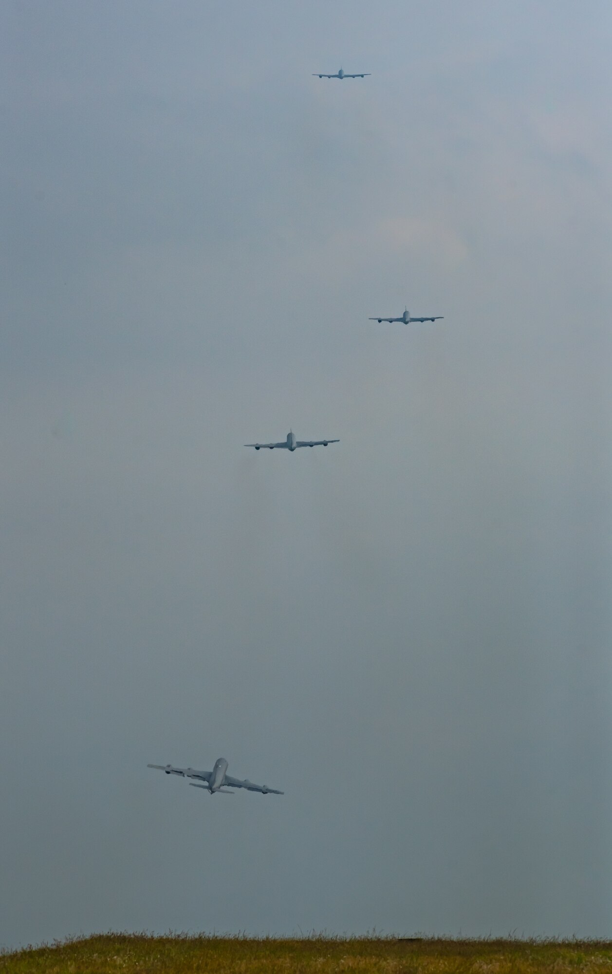A four-ship of KC-135 Stratotankers from the 909th Air Refueling Squadron depart Kadena Air Base, Japan, Nov. 2, 2018, during exercise Steel Tiger. The 909th ARS maintains a high state of readiness and world-wide deployment capability to ensure immediate, sustained operations in support of rapid global mobility and joint power projection. (U.S. Air Force photo by Staff Sgt. Micaiah Anthony)