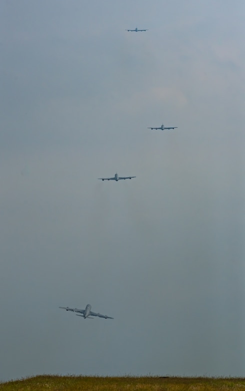 A four-ship of KC-135 Stratotankers from the 909th Air Refueling Squadron depart Kadena Air Base, Japan, Nov. 2, 2018, during exercise Steel Tiger. The 909th ARS maintains a high state of readiness and world-wide deployment capability to ensure immediate, sustained operations in support of rapid global mobility and joint power projection. (U.S. Air Force photo by Staff Sgt. Micaiah Anthony)