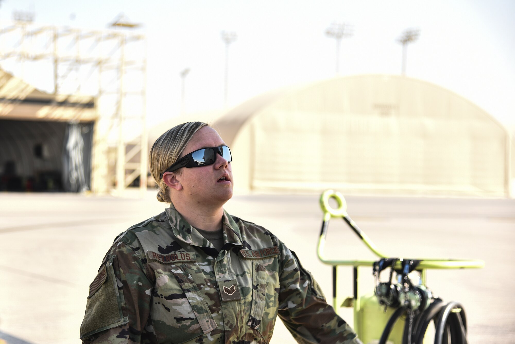 U.S. Air Force Staff Sgt. Jessica Reynolds, 380th Expeditionary Aircraft Maintenance Squadron E-3A Sentry AWACS aircraft repair mechanic and Crash Damaged or Disabled Aircraft Recovery team member, participates in familiarization training at Al Dhafra Air Base, United Arab Emirates, Nov. 14, 2018. The CDDAR team is not only responsible for responding to the aircraft assigned to ADAB, but all aircraft in the U.S. Air Forces Central Command area of responsibility. The AFCENT AOR ranges from the top of Uzbekistan near the Aral Sea, all the way to the southern tip of Yemen – spanning across 20 Central and Southwest Asian countries. (U.S. Air Force photo by Senior Airman Mya M. Crosby)