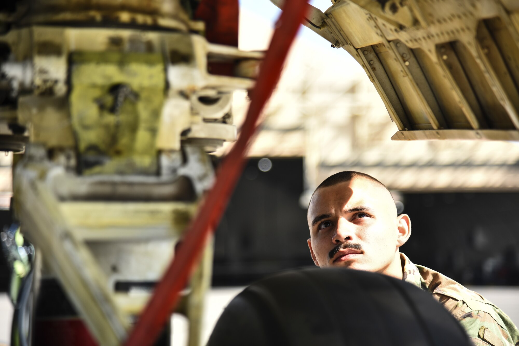U.S. Air Force Senior Airman Brandon Thomas, 380th Expeditionary Aircraft Maintenance Squadron KC-10 Extender aircraft repair mechanic and Crash Damaged or Disabled Aircraft Recovery team member, participates in familiarization training at Al Dhafra Air Base, United Arab Emirates, Nov. 14, 2018. The CDDAR team is not only responsible for responding to the aircraft assigned to ADAB, but all aircraft in the U.S. Air Forces Central Command area of responsibility. The AFCENT AOR ranges from the top of Uzbekistan near the Aral Sea, all the way to the southern tip of Yemen – spanning across 20 Central and Southwest Asian countries. (U.S. Air Force photo by Senior Airman Mya M. Crosby)