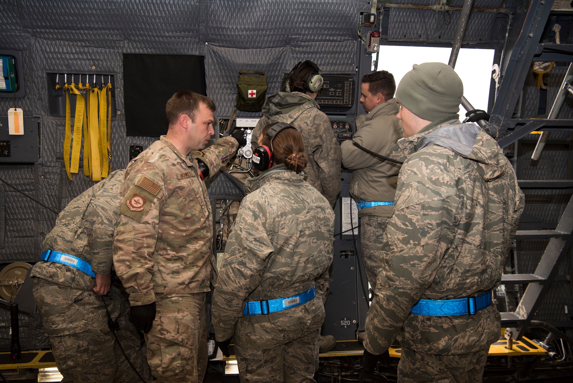 Instructors from the 521st Air Mobility Operations Wing regional training center answer questions aboard a C-5M Super Galaxy aircraft at Ramstein Air Base, Germany, Nov. 29, 2018. Nearly 60 aircraft maintainers and 30 aerial port personnel attended the two-week training intended to improve proficiency on C-5 maintenance throughout the 521st AMOW’s nearly 20 geographically separated units. (U.S. Air Force photo by Staff Sgt. Aaron J. Jenne)