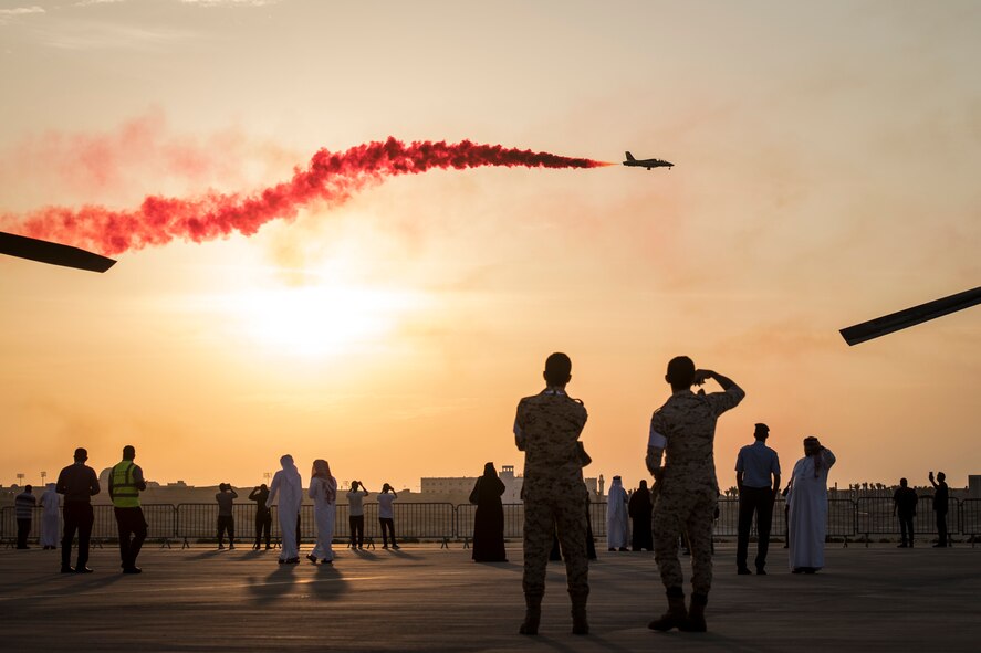 Frecce Tricolori, an aerial demonstration aircraft, flies over Sakhir Air Base, Bahrain